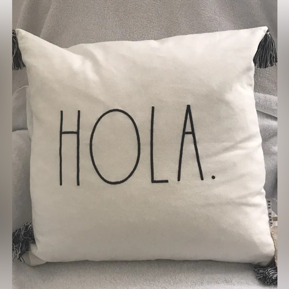 Rae Dunn Hola Spanish Hello White Black Pillow with Tassels NWT